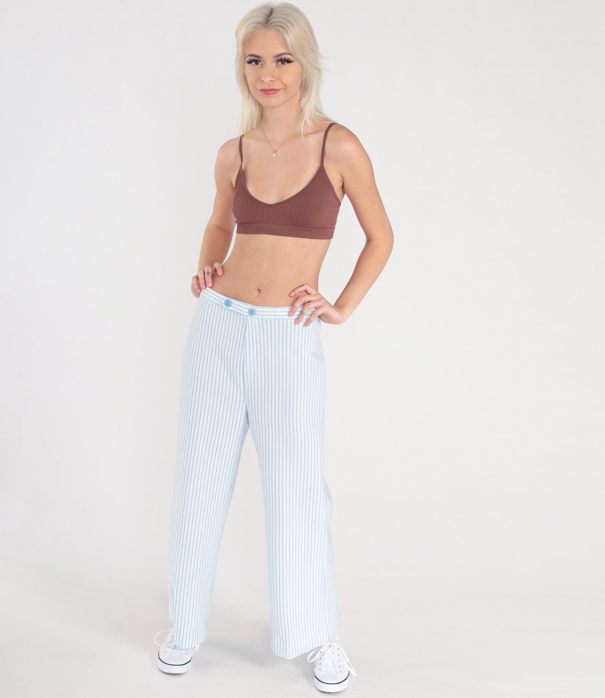 70s White Blue Striped High Rise Straight Leg Trousers Medium 29