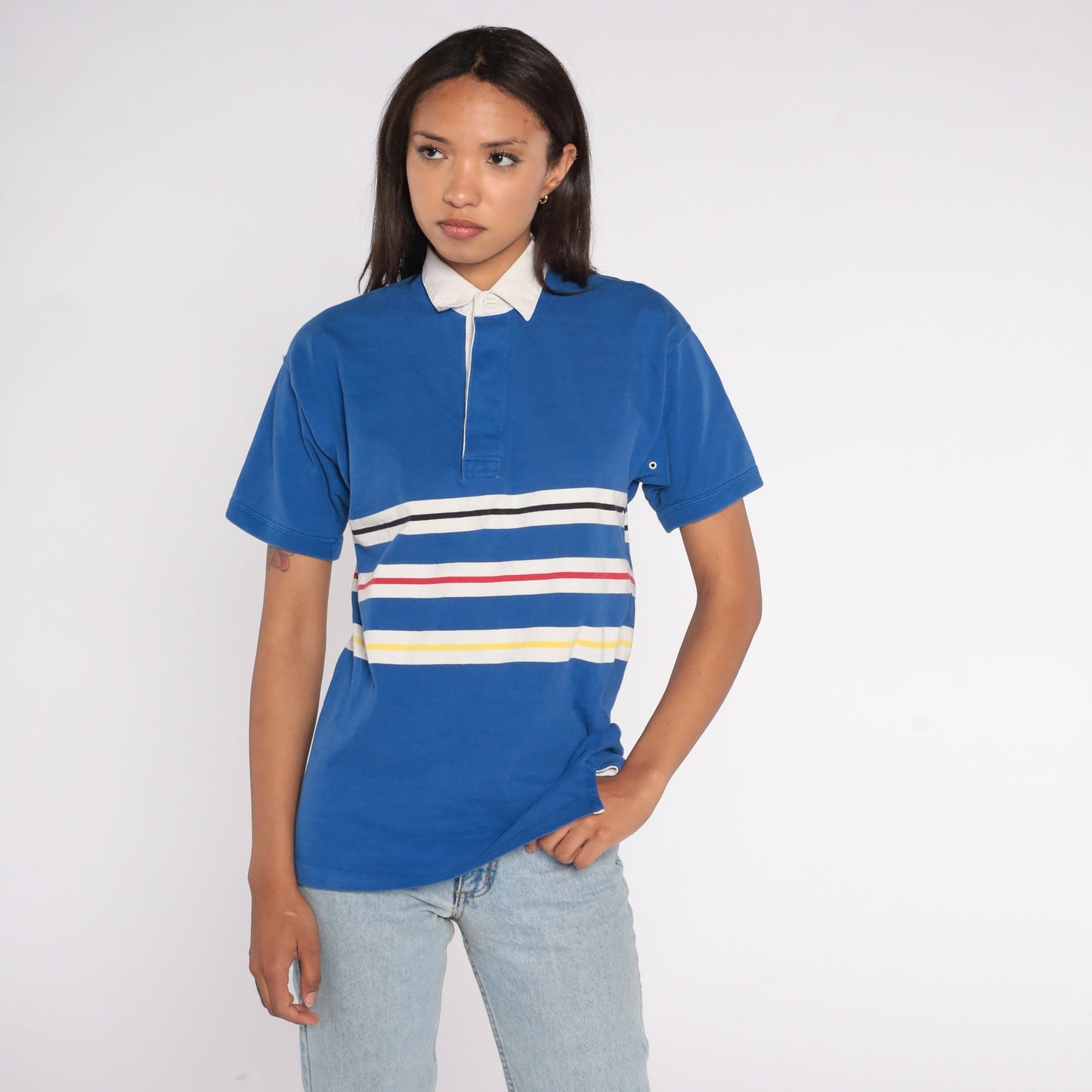 80s Blue Striped Polo Shirt Cotton Half-Button Collared Small