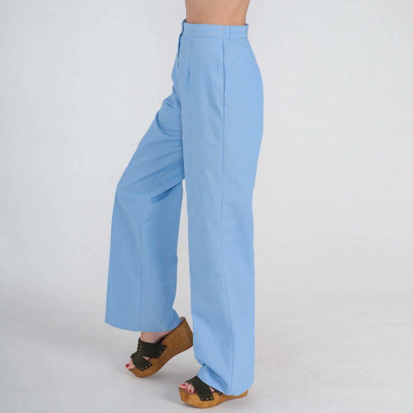 70s Blue High-Waisted Straight Leg Trousers Pleated Crease Small
