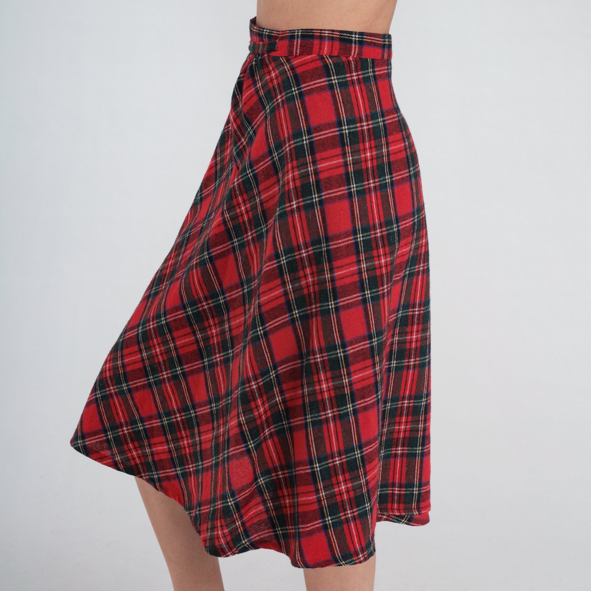 80s Red Plaid Wool Blend Midi Wrap Skirt High Waist Small Medium