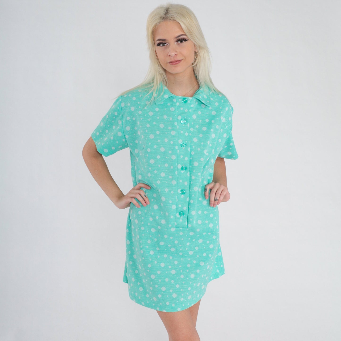 70s Blue-Green Polka Dot Shift Dress Collared Mini Short Sleeve Large L