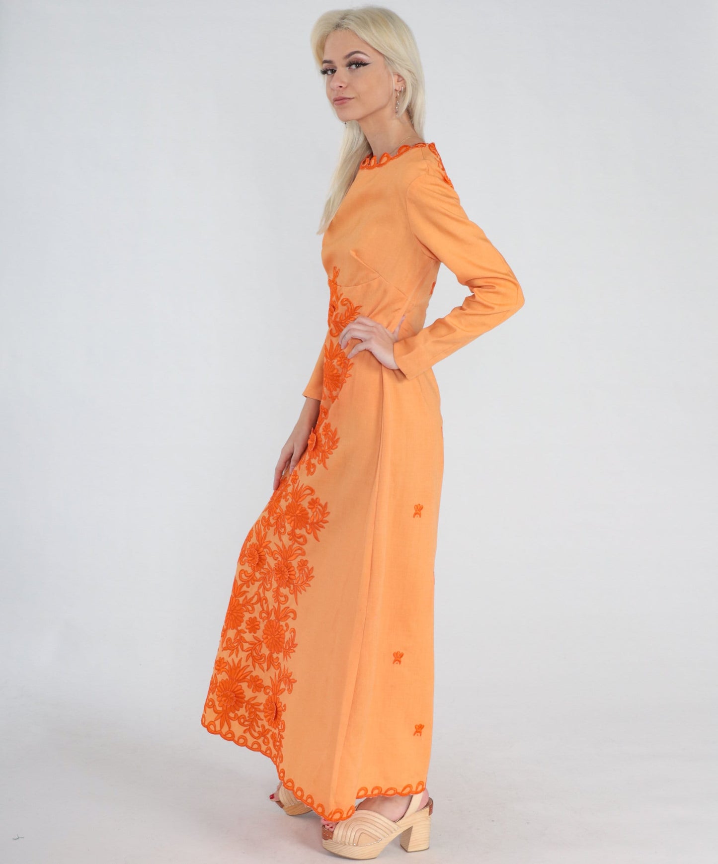 70s Orange Floral Embroidered Maxi Dress Empire Waist Long Sleeve Small