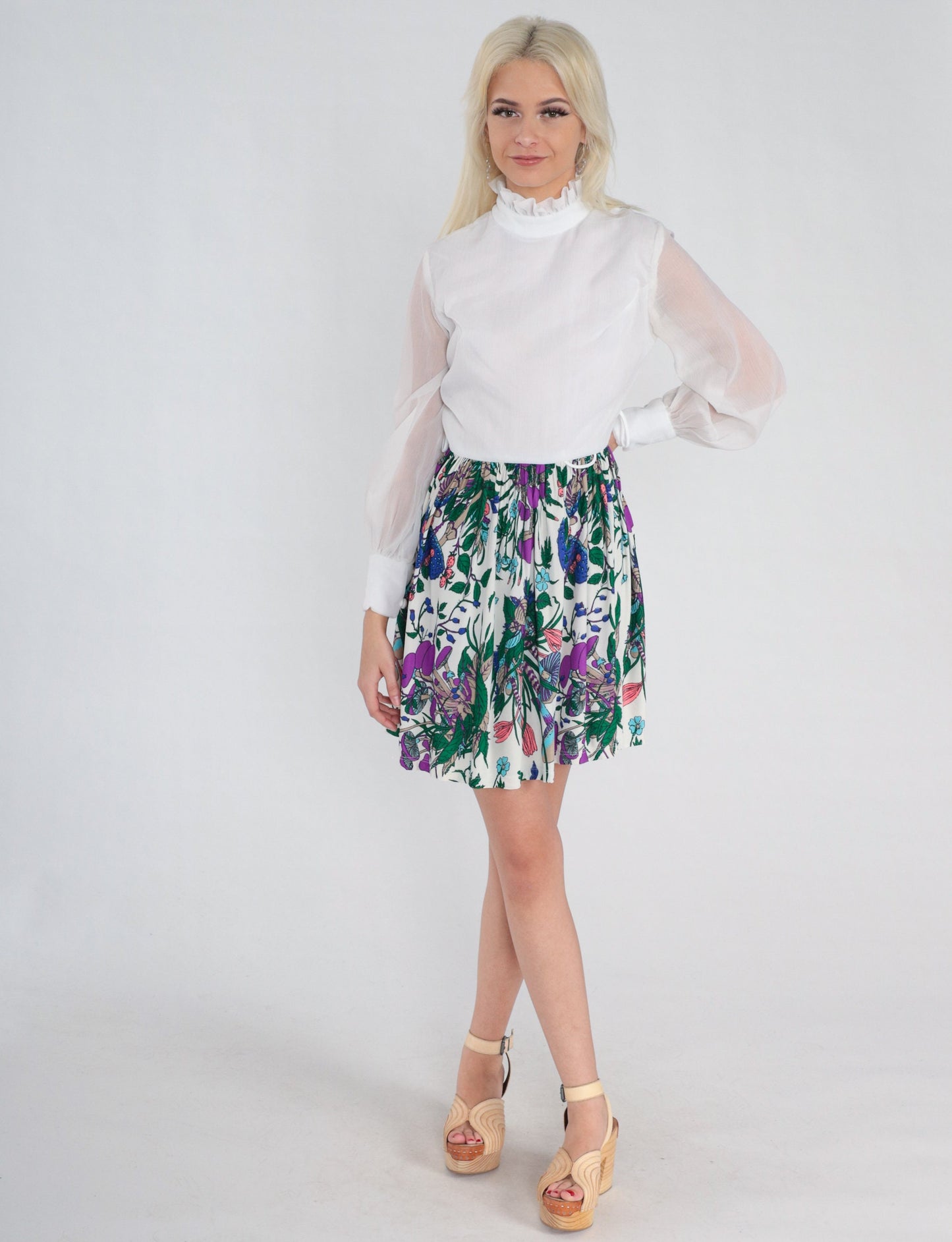 70s Mushroom Print Mini Dress White High Ruffle Neck Sheer Sleeves Small