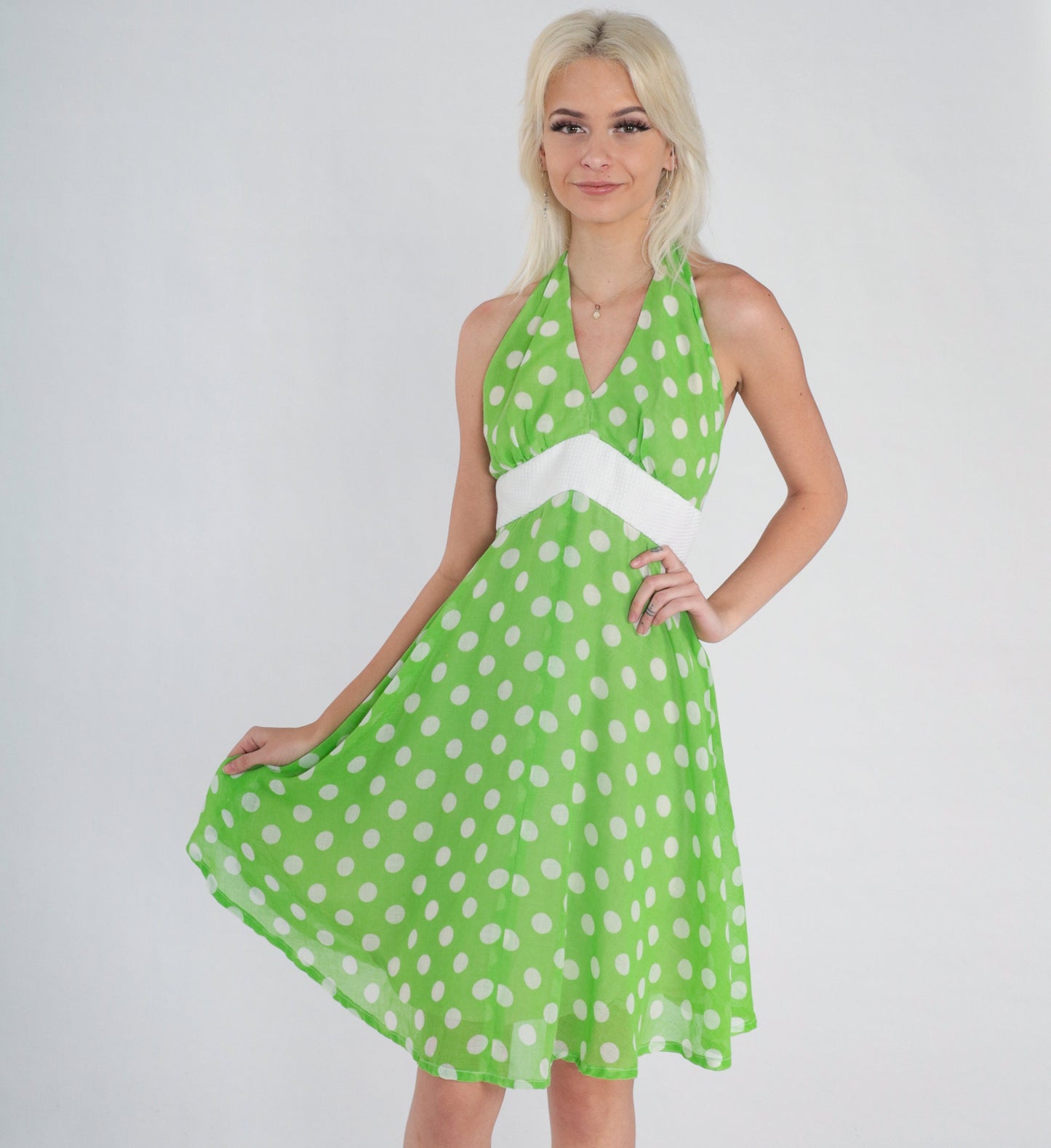 70s Green Polka Dot Halter Mini Dress Empire Waist Low Back Small