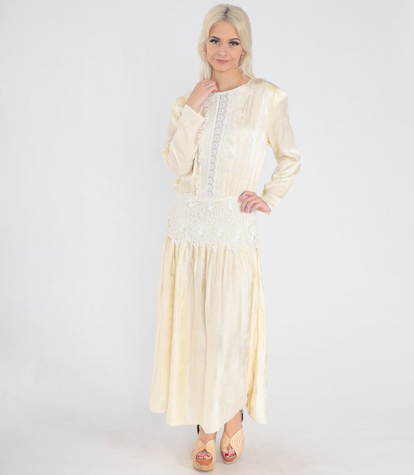 80s Jessica McClintock Cream Silk Midi Dress Embossed Floral Lace Long Sleeve Medium