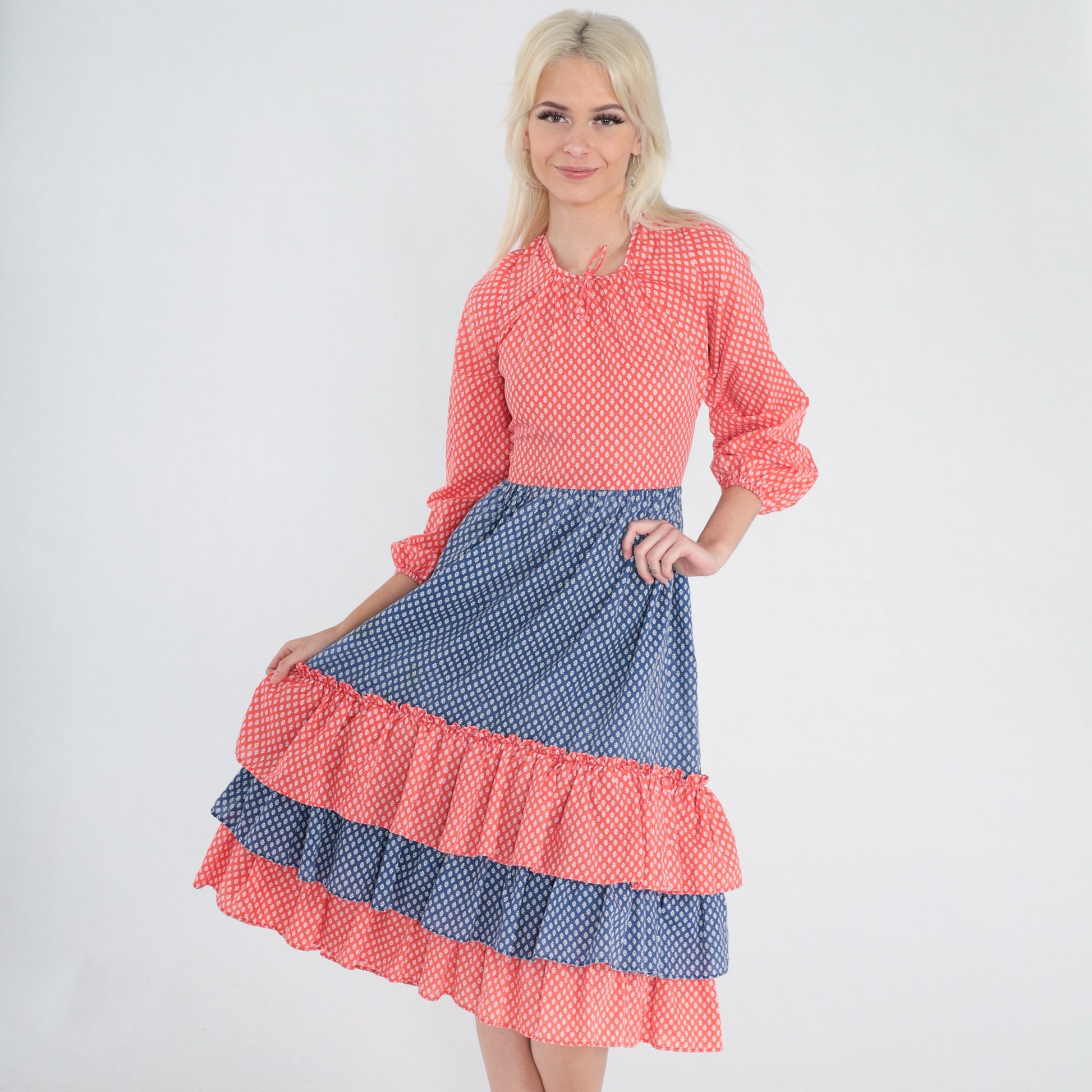 70s Calico Floral Midi Dress Red Blue Tiered 3/4 Sleeve XXS