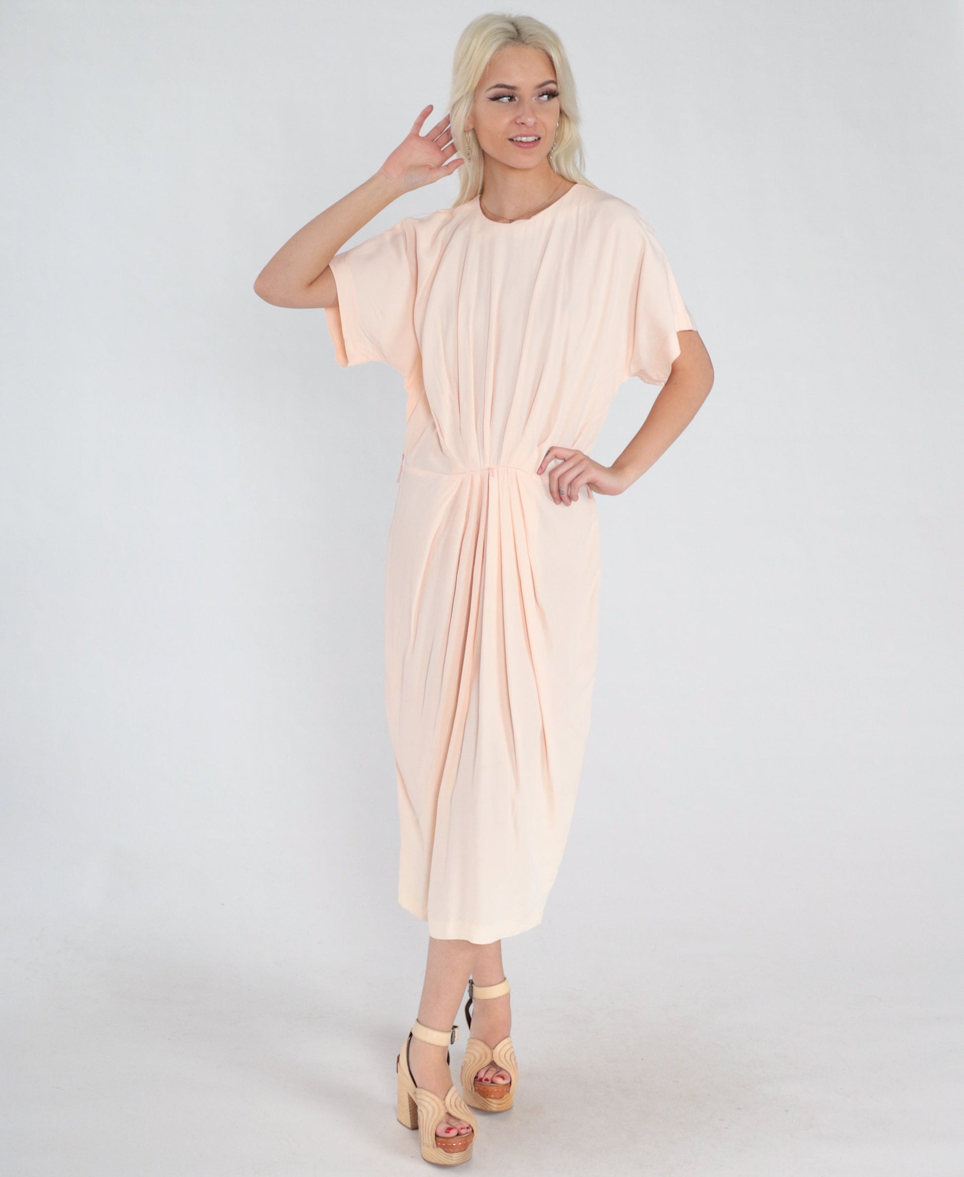 80s Pale Pink Pleated Midi Dress Short Sleeve Cocoon Acetate Medium Large
