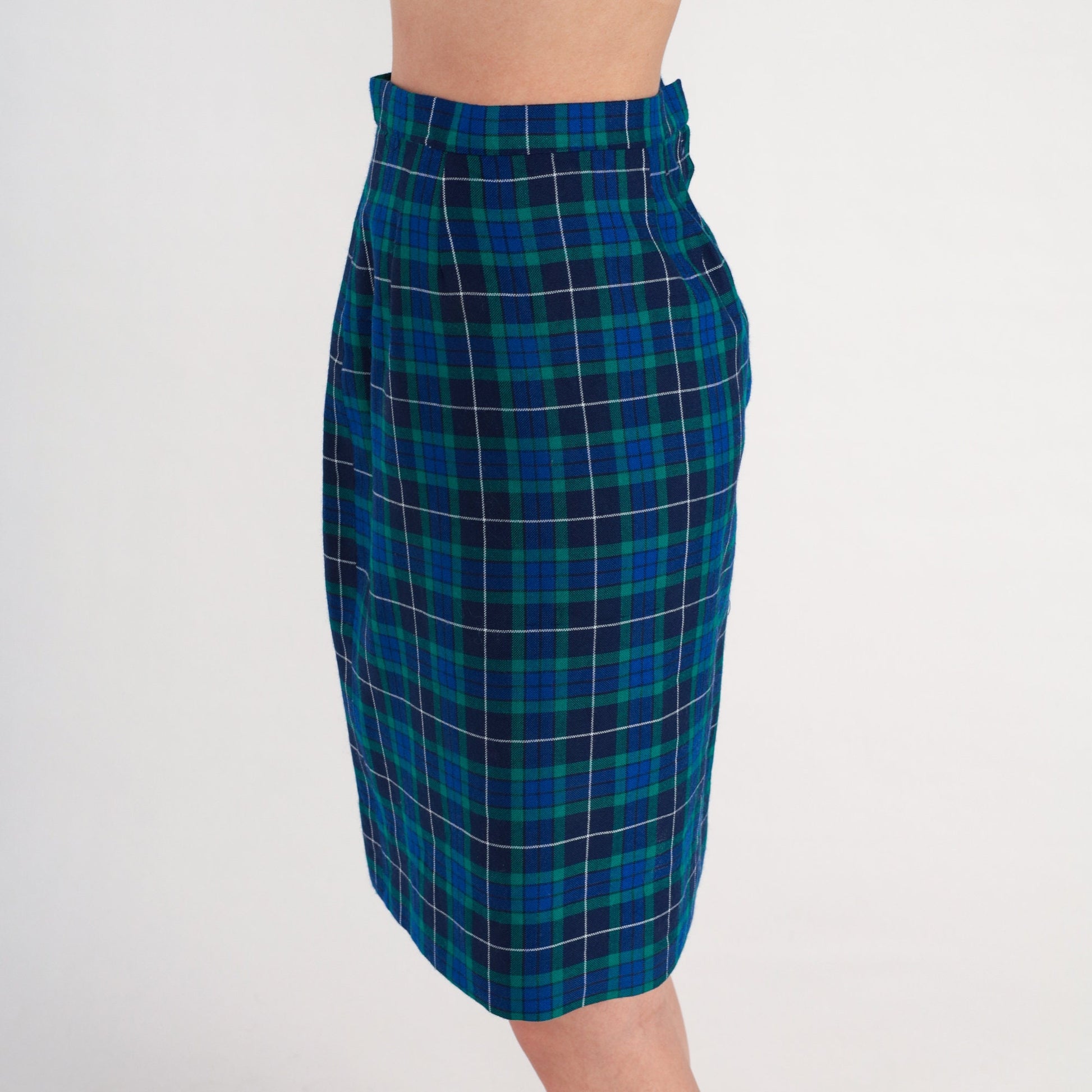 60s Navy Green Plaid Wool Skirt High Waisted Knee Length Small