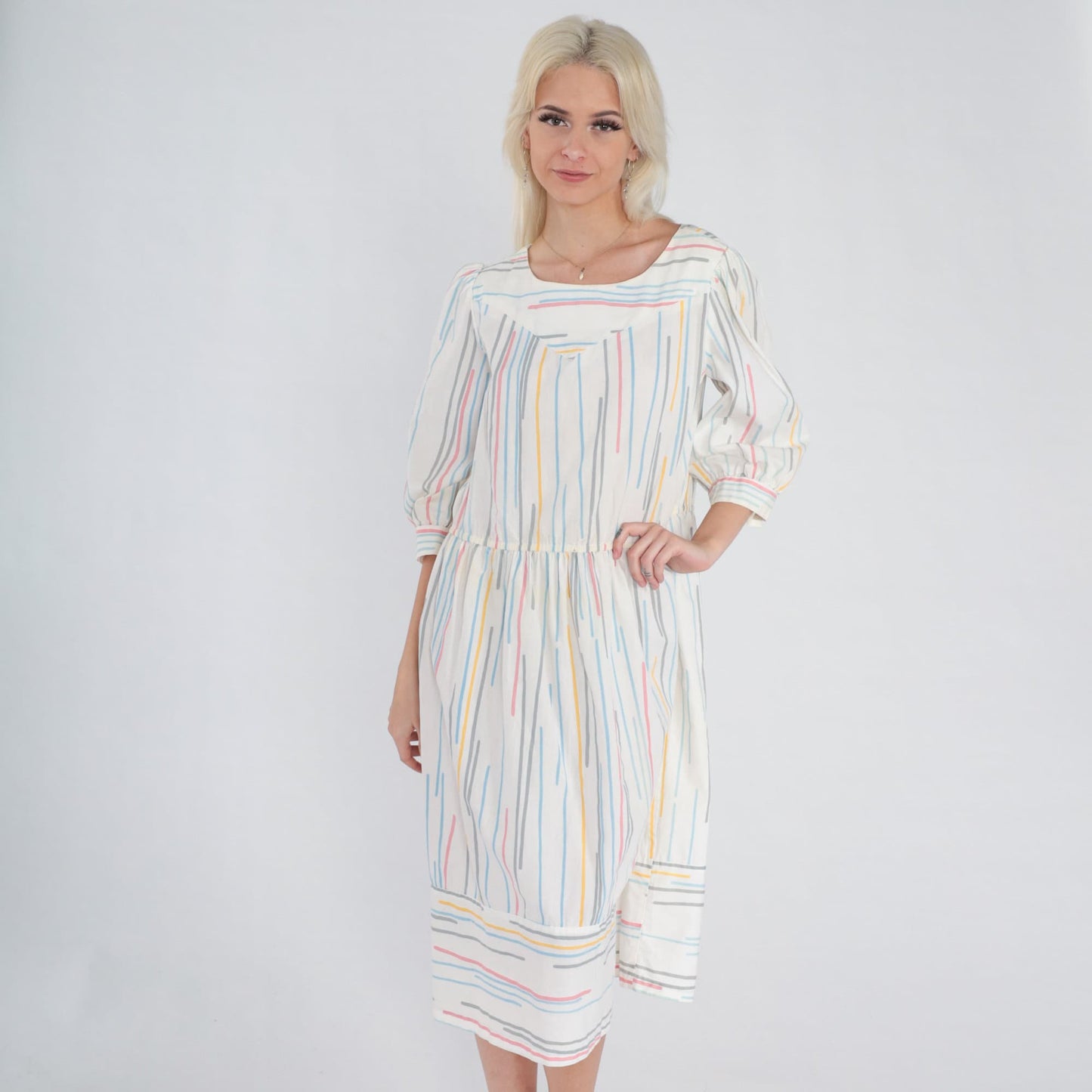 80s Striped Midi Dress Puff Sleeve White Multicolor High Waist Large L