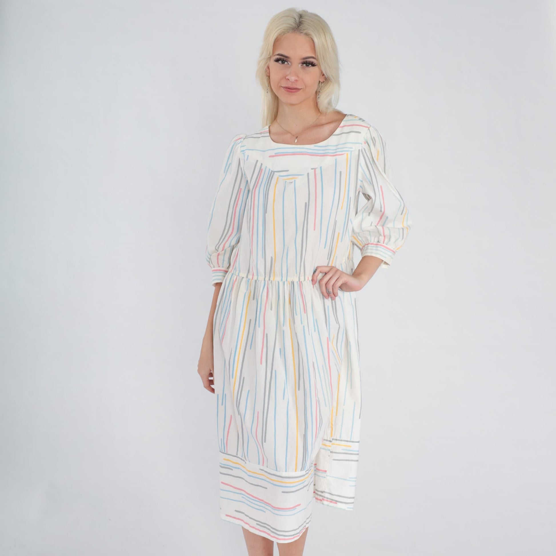 80s Striped Midi Dress Puff Sleeve White Multicolor High Waist Large L