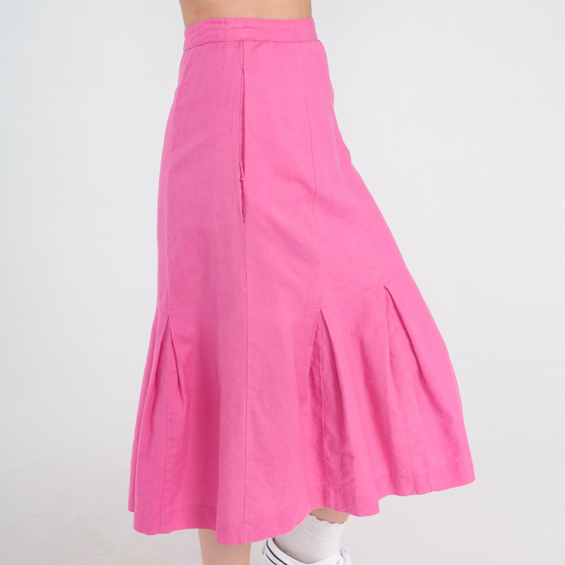 90s Bright Pink Pleated Midi Skirt High Waist Cotton Linen Extra Small