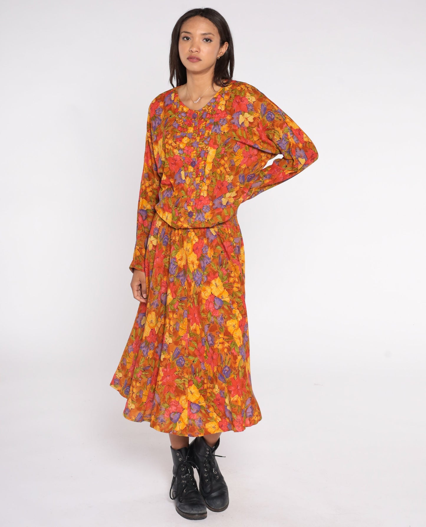 80s Burnt Orange Floral Blouson Maxi Dress Dolman Sleeve Button-Up Medium 8