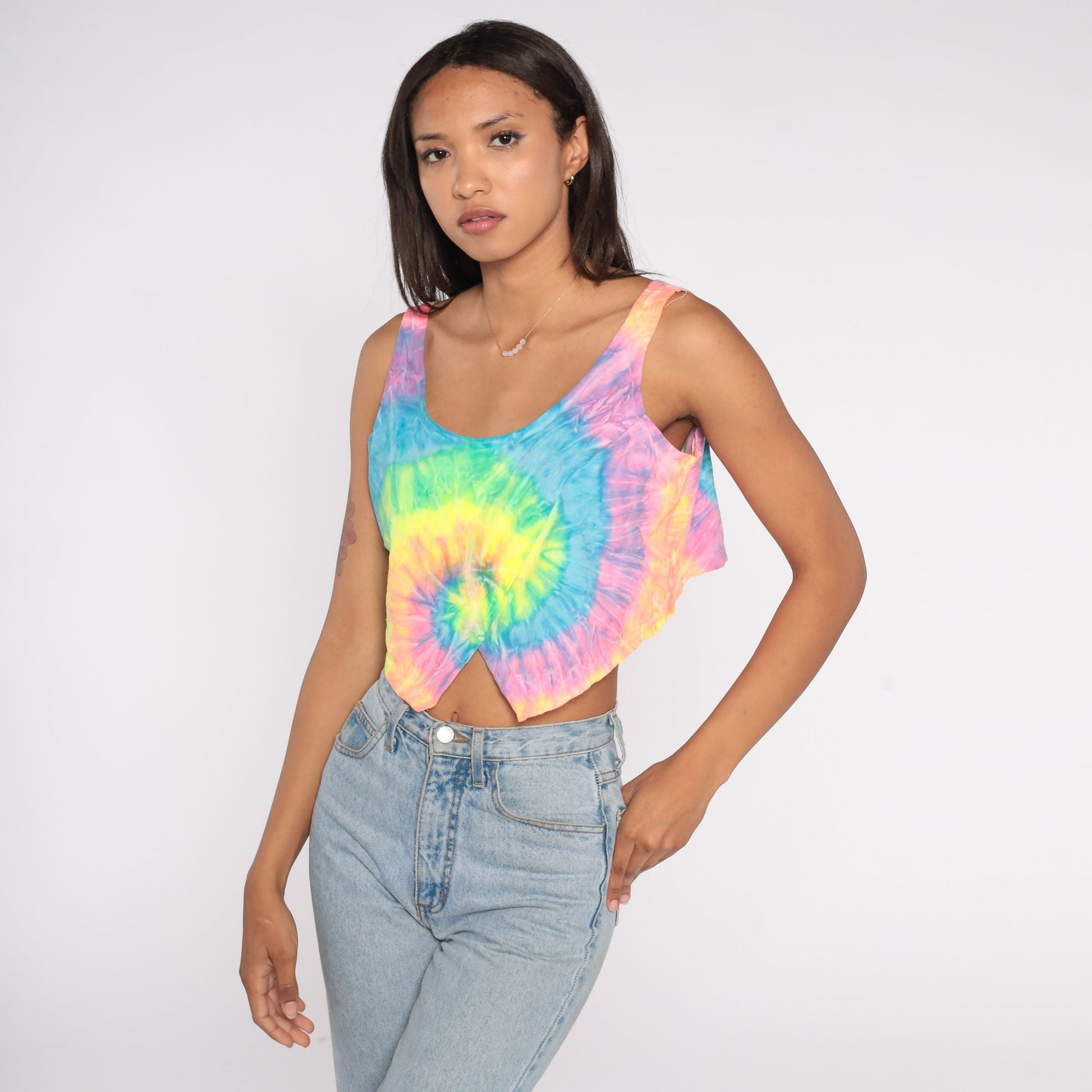 90s Neon Tie Dye Crop Tank Top In Gear Cotton Sleeveless Large