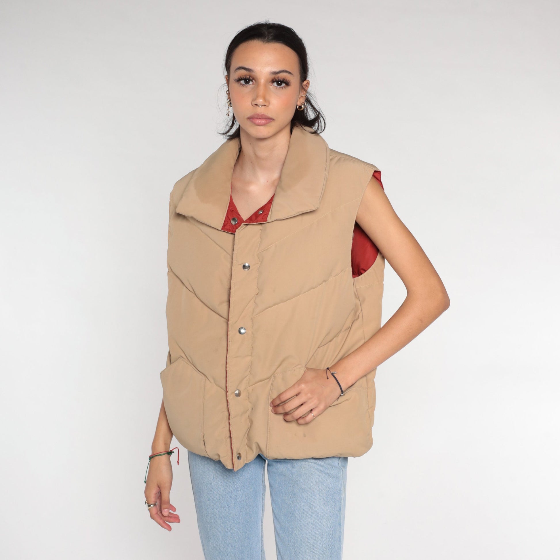 70s Reversible Puffer Vest Rust Brown Tan Down Nylon Snap Front Medium