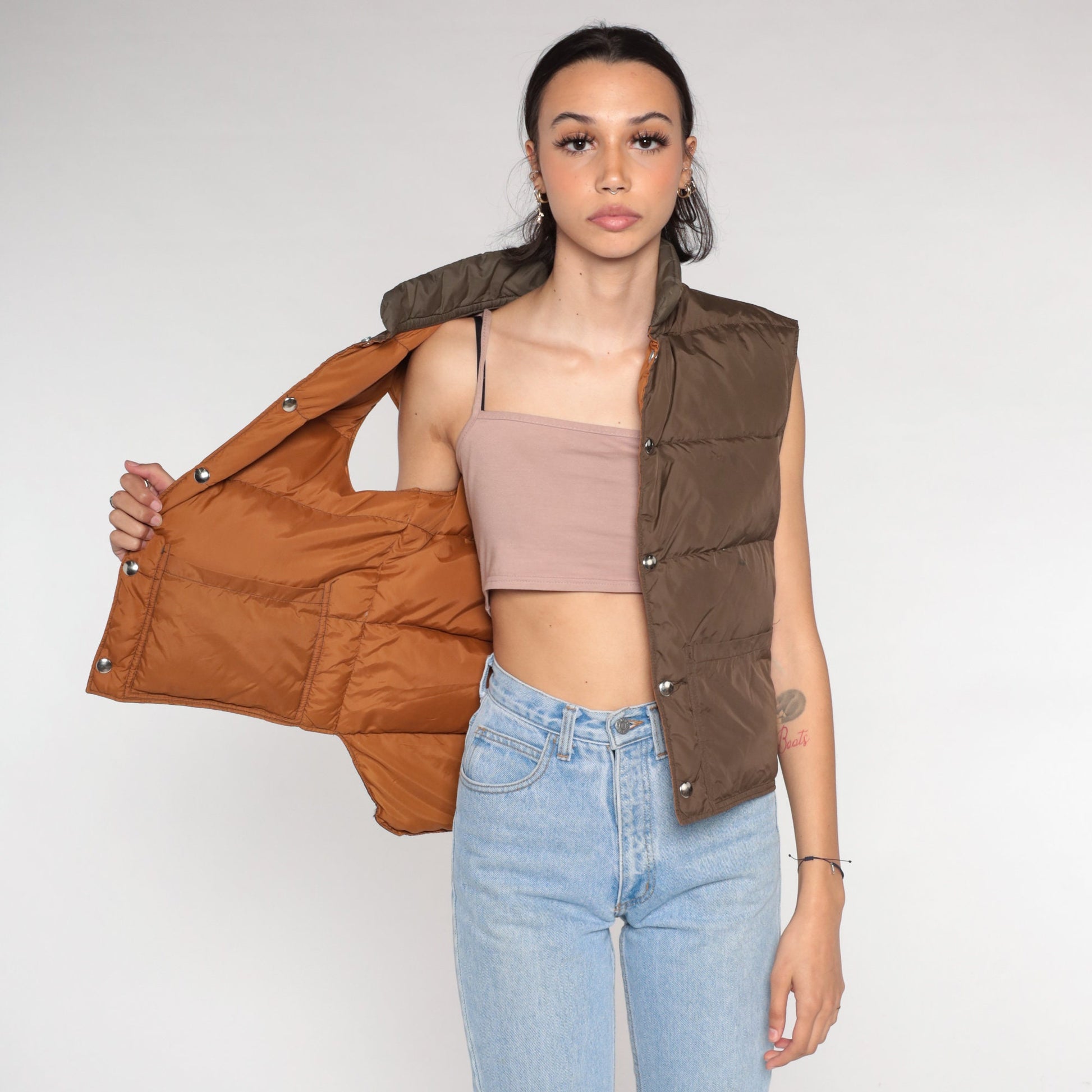 80s Reversible Puffer Vest Brown Down Fill Nylon Sleeveless Small