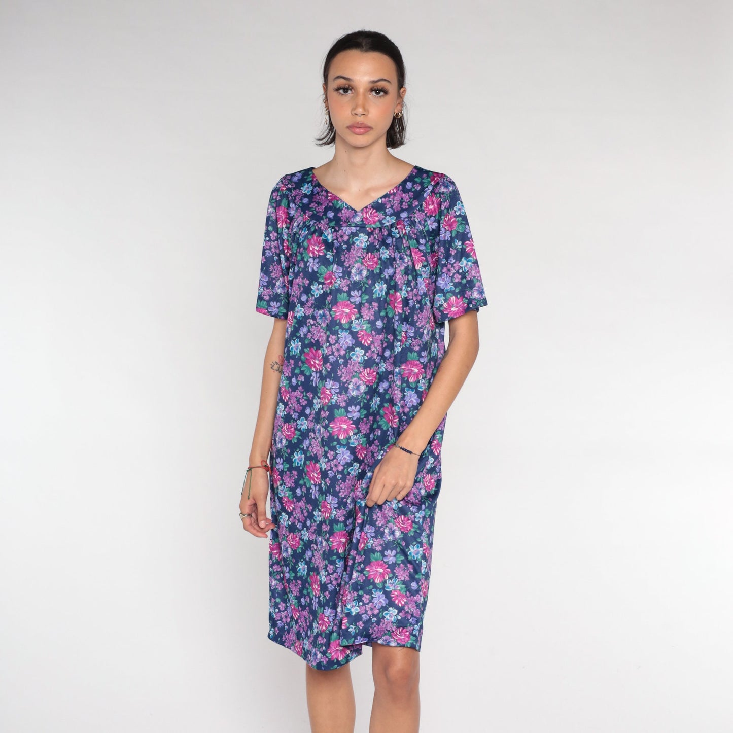 90s Purple Floral Tent Dress Mini Short Sleeve Lounge Dress XXL