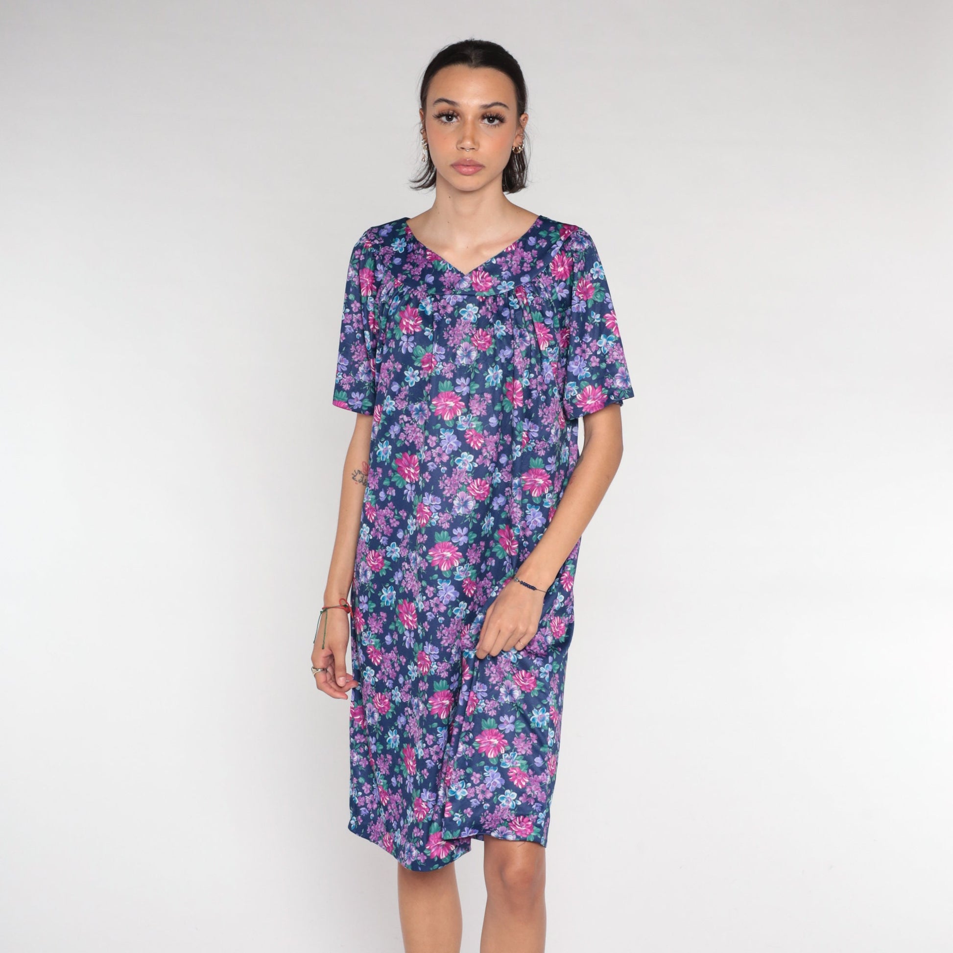 90s Purple Floral Tent Dress Mini Short Sleeve Lounge Dress XXL