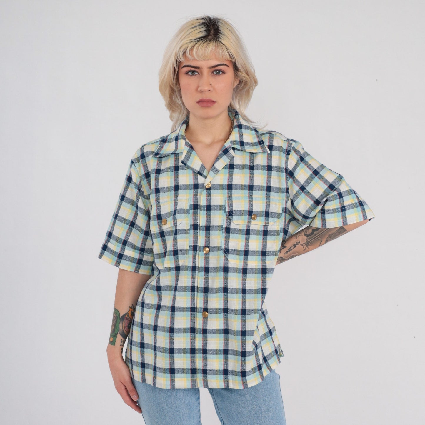 70s Checkered Button Up Shirt Gold Buttons Chest Pockets Medium