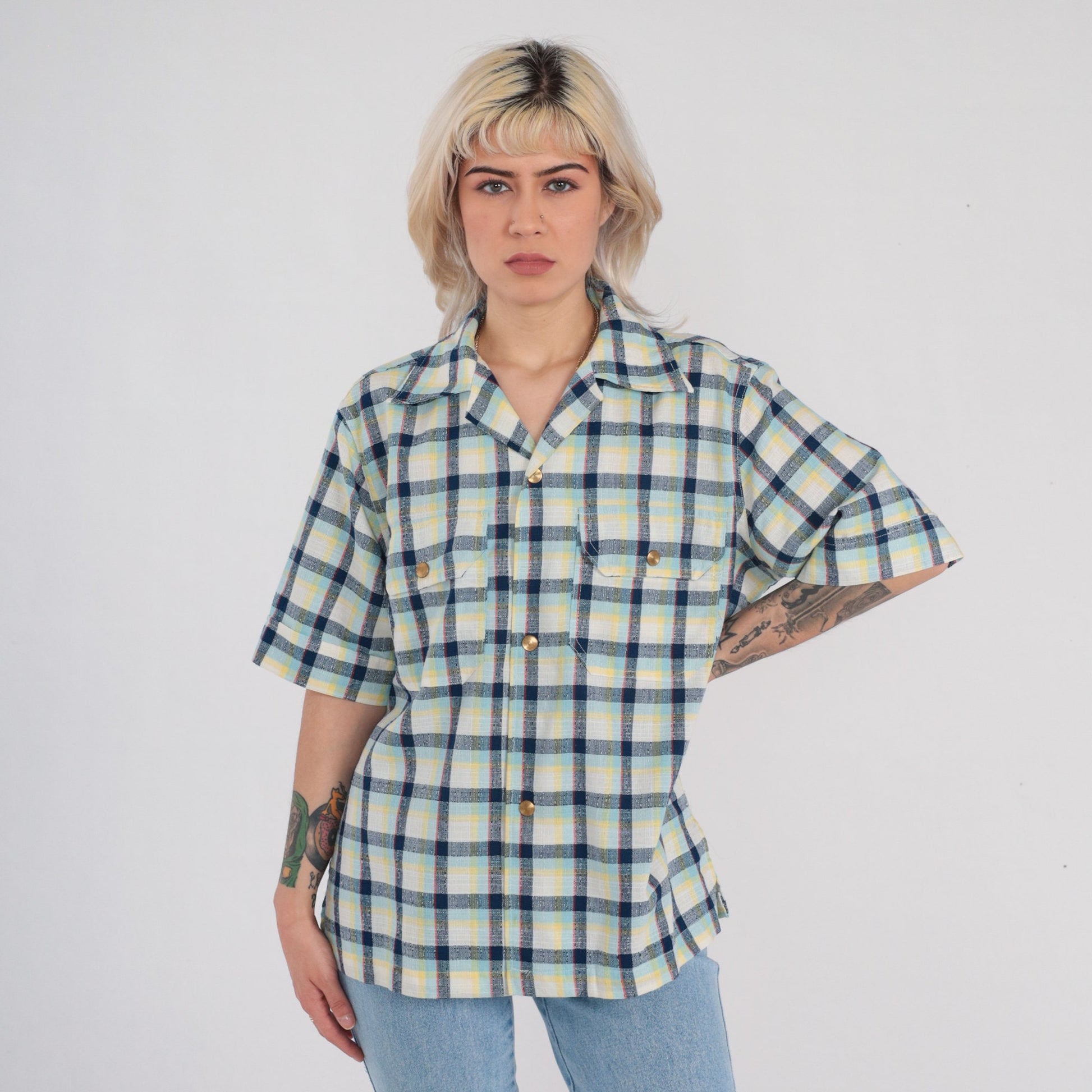 70s Checkered Button Up Shirt Gold Buttons Chest Pockets Medium