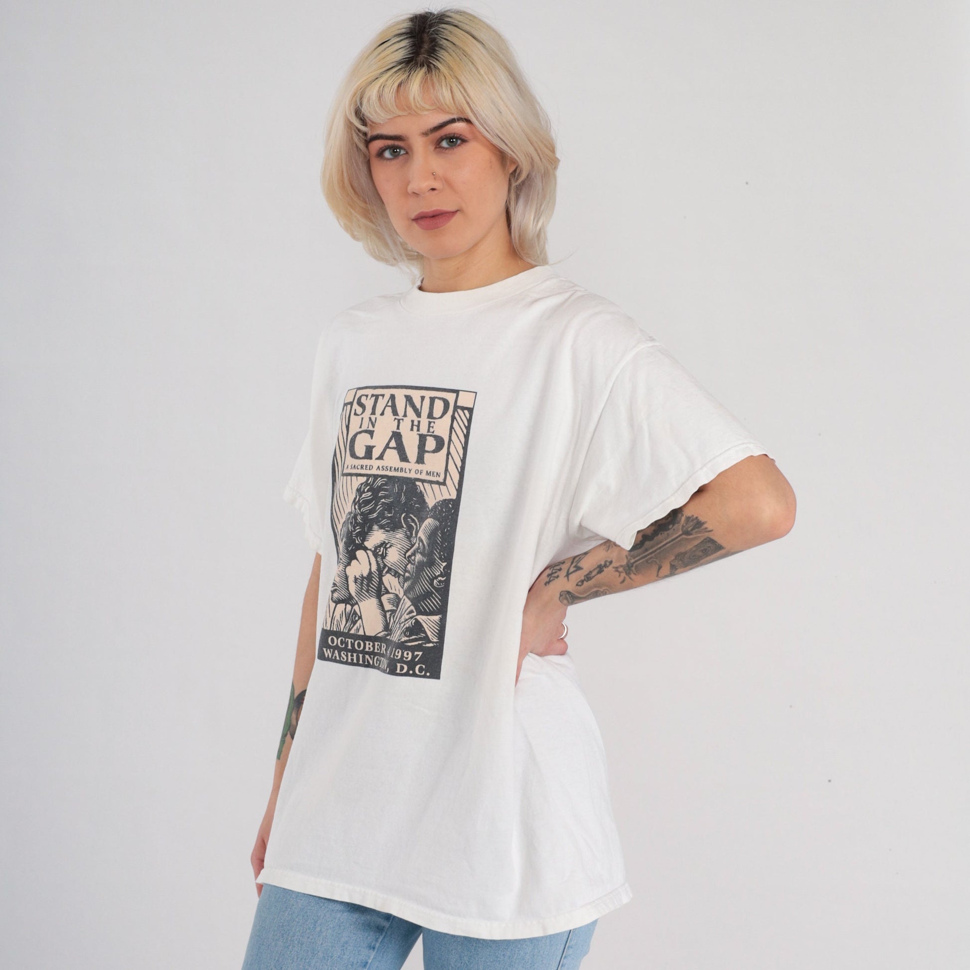 90s Stand in the Gap Christian TV Graphic T-Shirt White Cotton Large L
