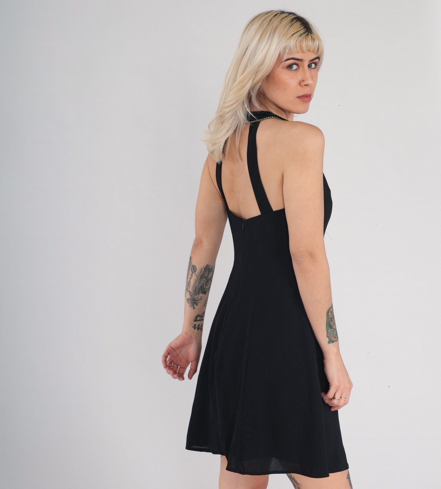 90s Black Velvet Mini Dress Rhinestone Halter Sleeveless Open Back Small