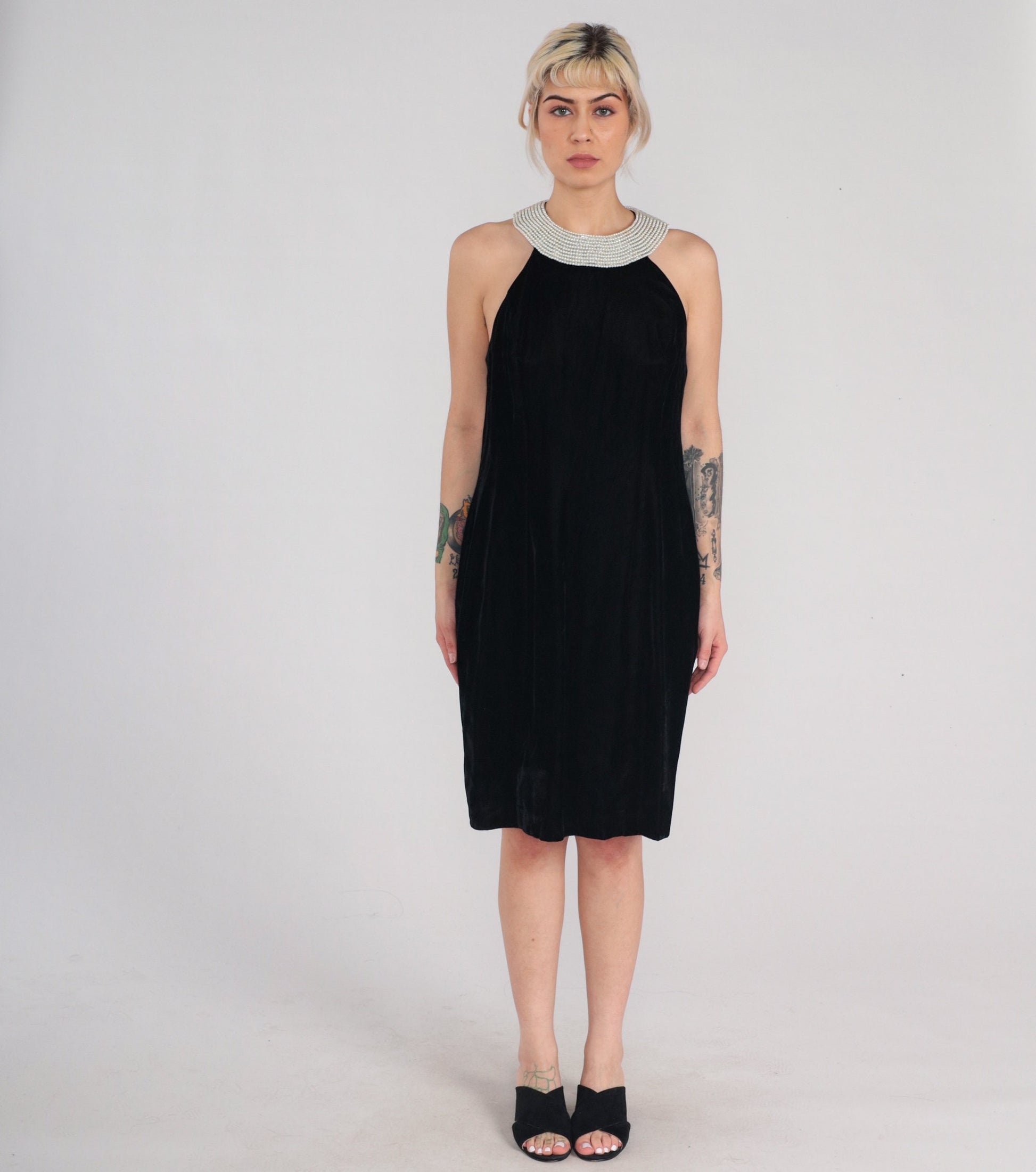 90s Black Velvet Mini Dress Pearl Beaded Sleeveless Sheath Small S