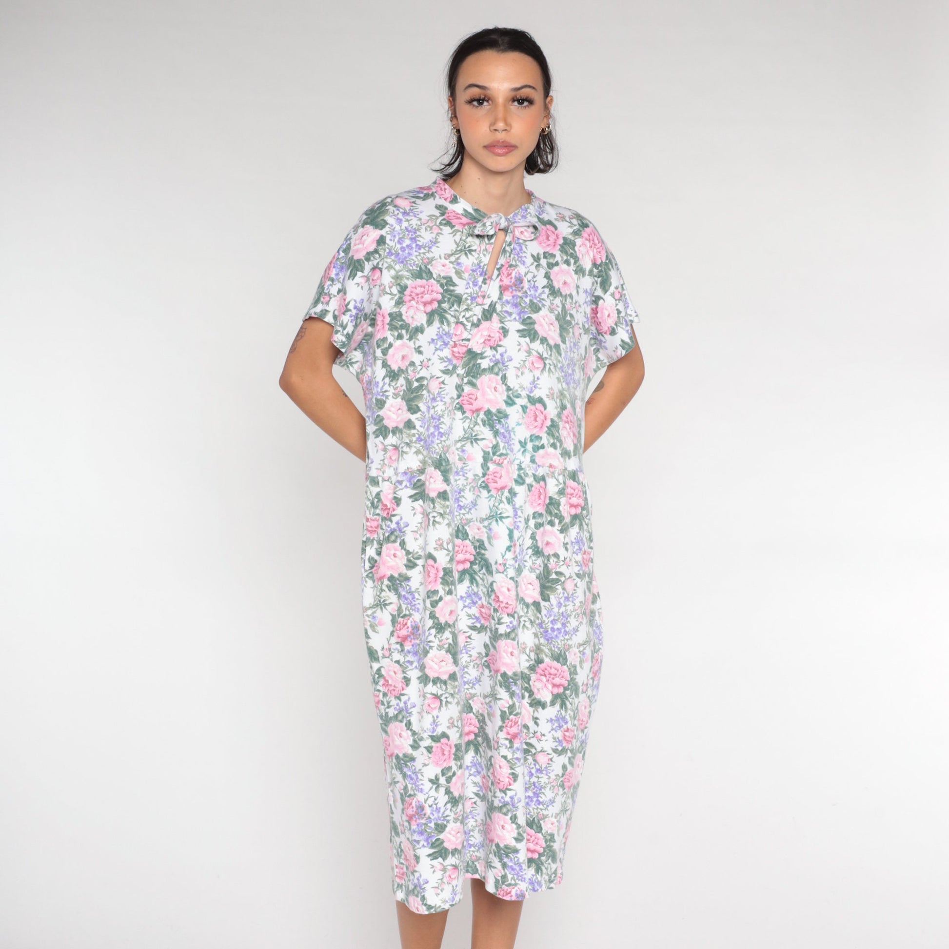 90s Floral Keyhole Tie Midi Dress White Rose Print Short Sleeve Large L