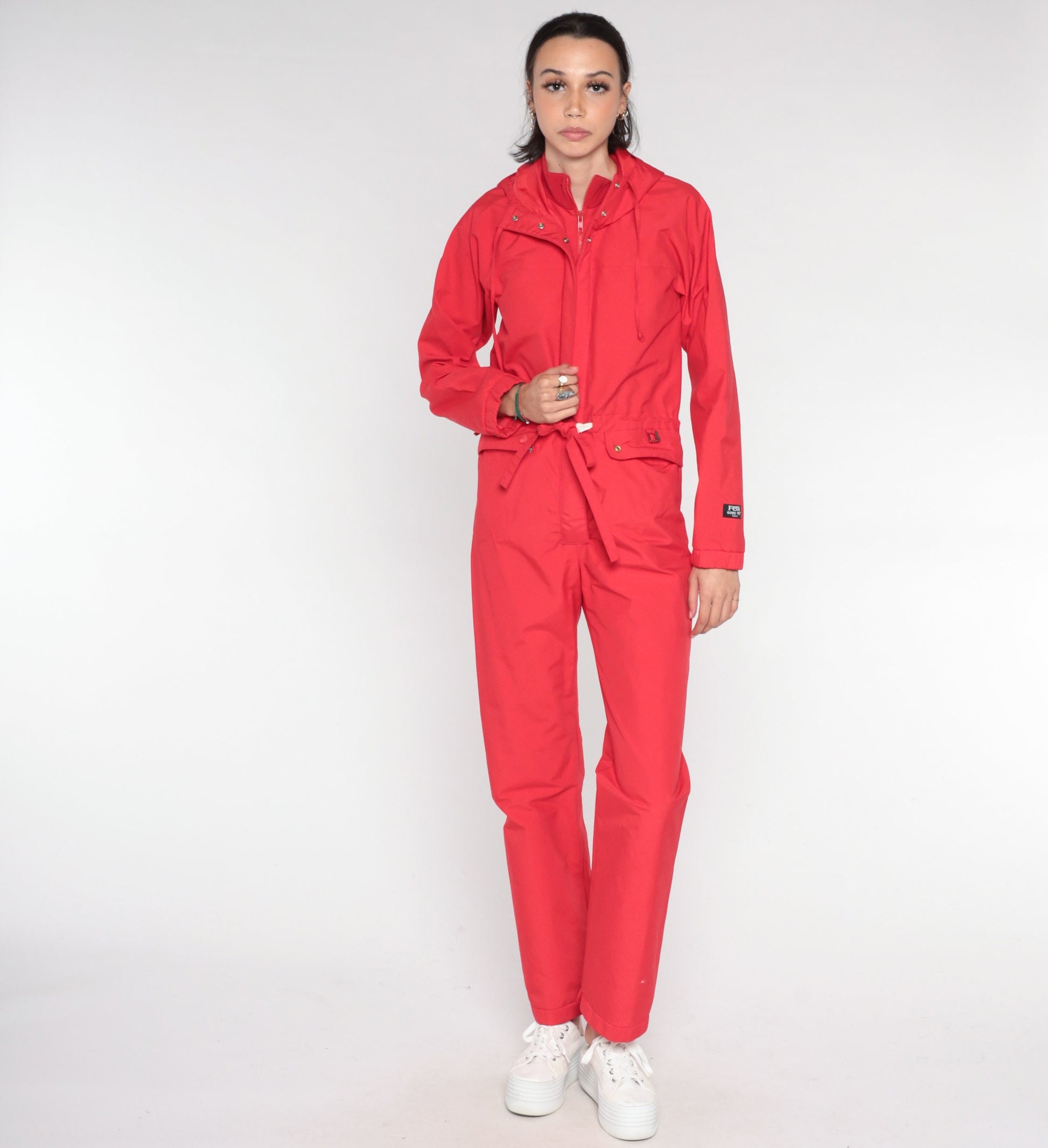 80s Fera Red Gortex Hooded Ski Suit One-Piece Snowsuit Extra Small