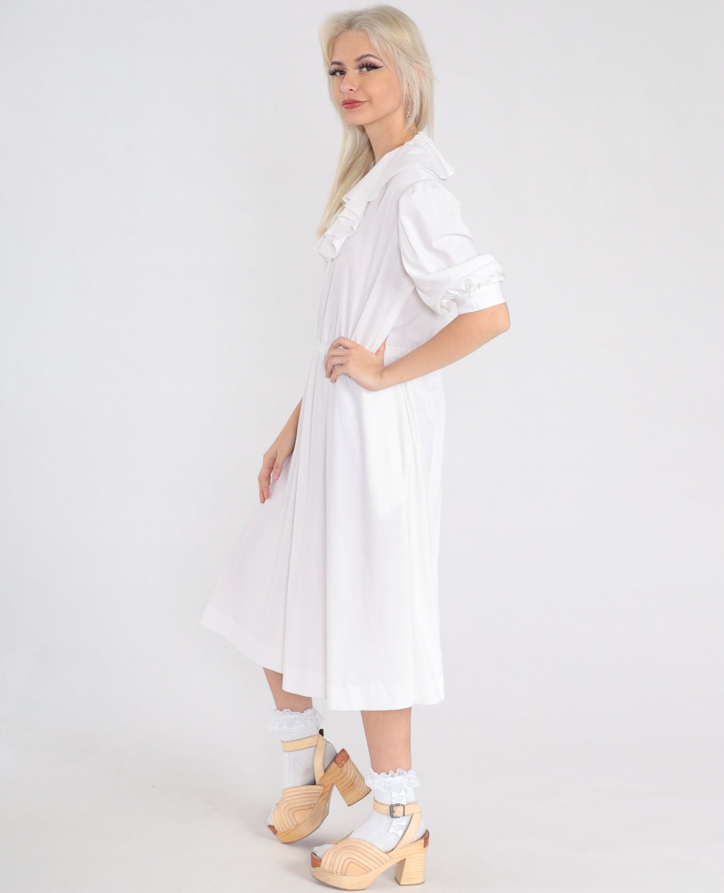 70s White Ruffle Midi Dress Puff Sleeve High Waist V Neck Medium Large