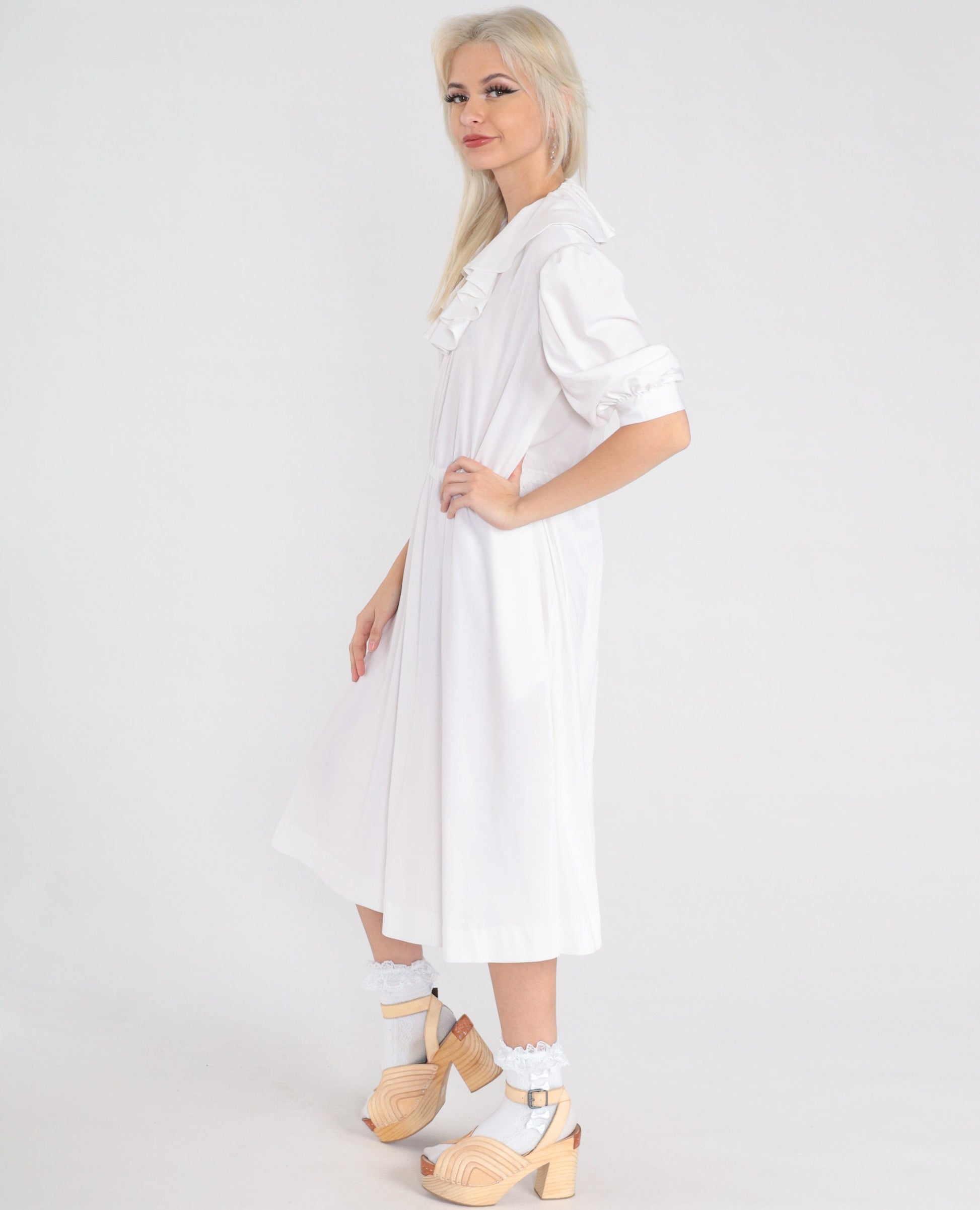 70s White Ruffle Midi Dress Puff Sleeve High Waist V Neck Medium Large