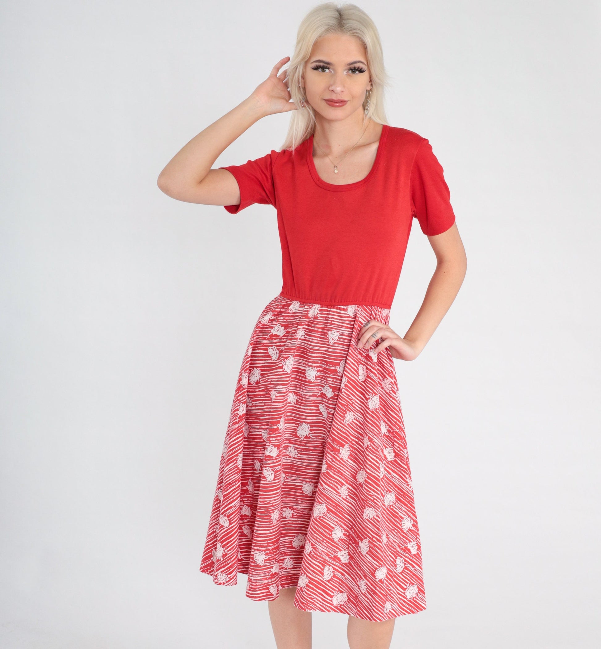 70s Red Floral Midi Dress High Waist Scoop Neck Short Sleeve Small Medium