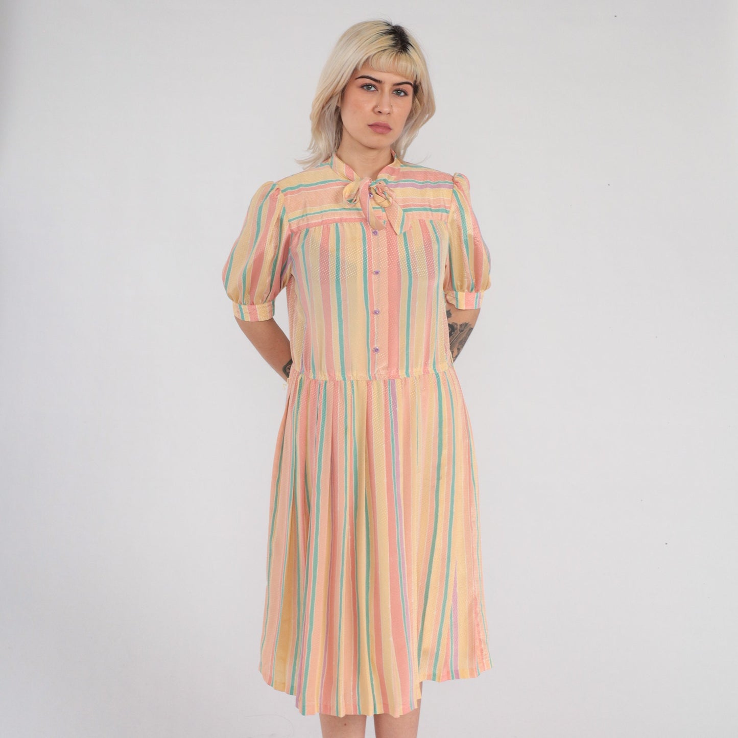 90s Striped Midi Dress Puff Sleeve Button-Up Necktie Bow High Waist Medium M