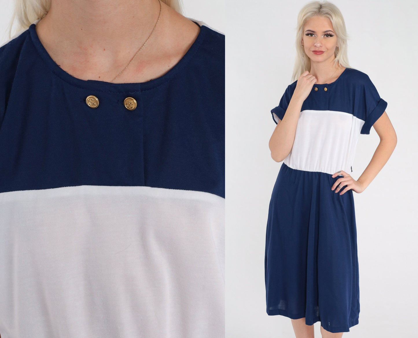80s Nautical Anchor Button Midi Dress Navy White Color Block Medium Large