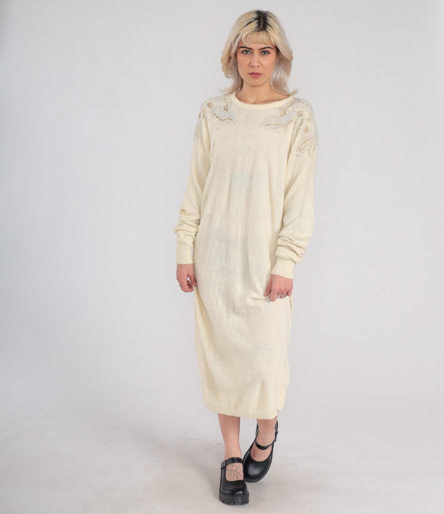 80s Cream Knit Midi Dress Pearl Beaded Shoulders Long Sleeve Shift Large L