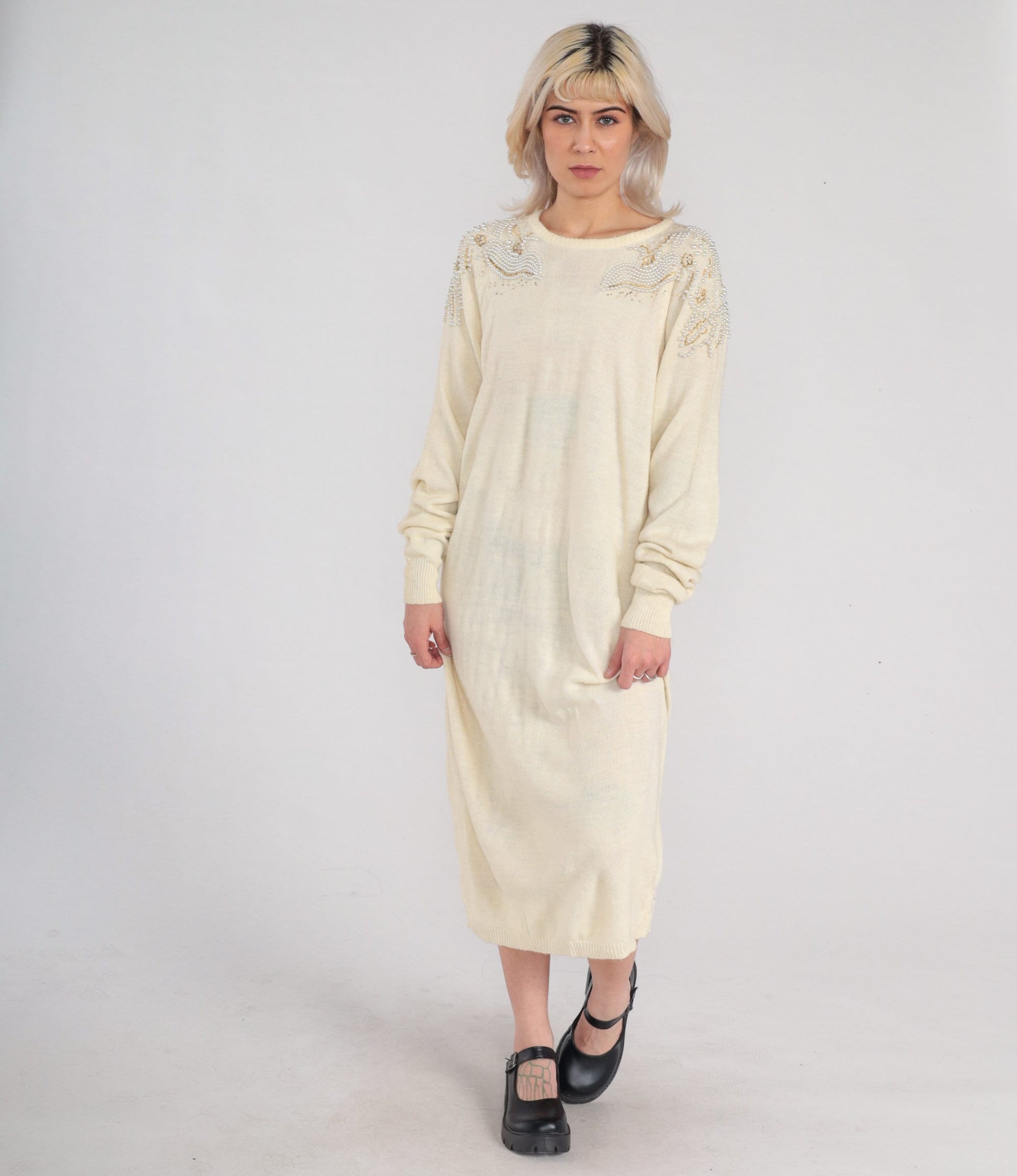 80s Cream Knit Midi Dress Pearl Beaded Shoulders Long Sleeve Shift Large L