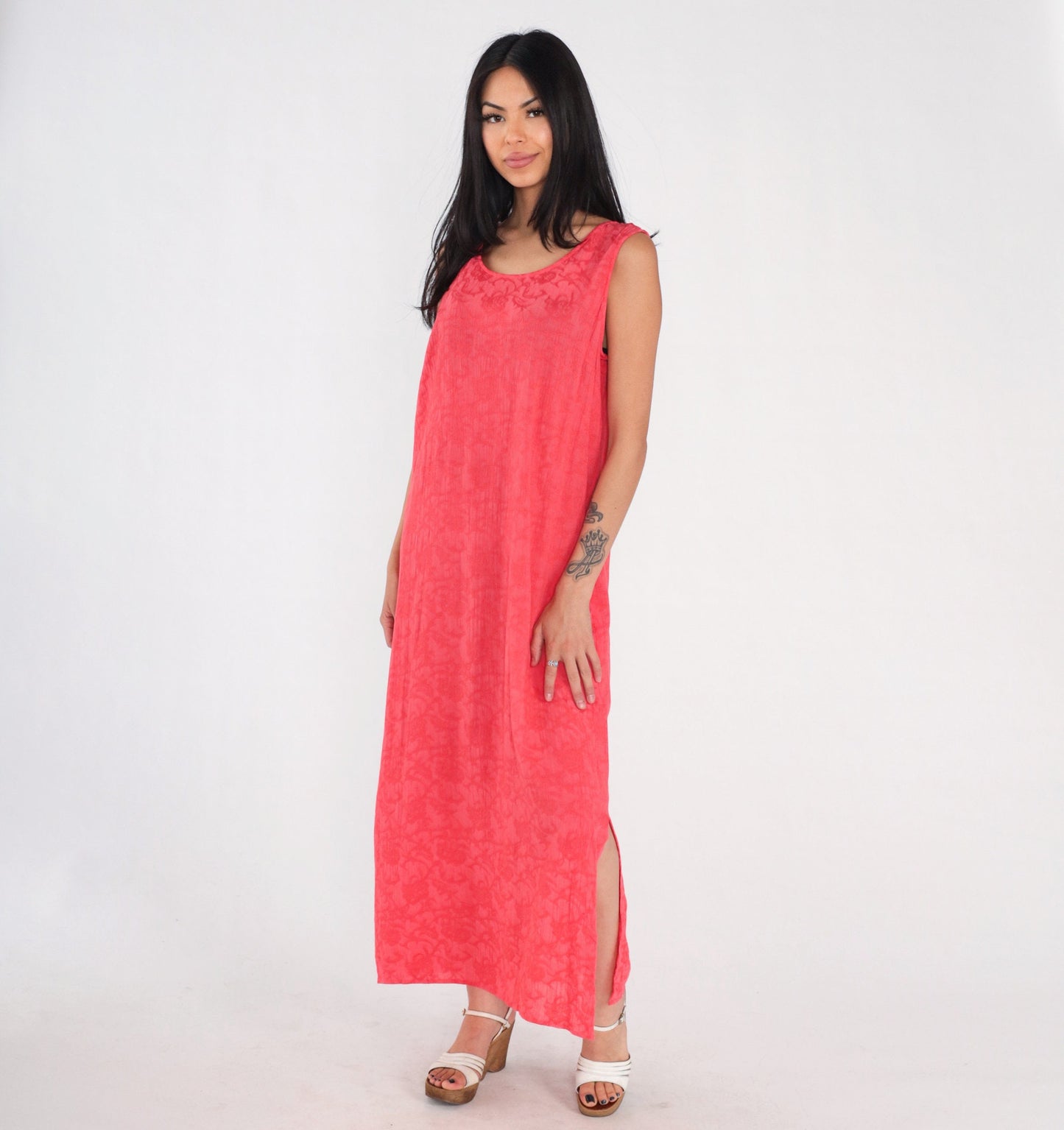90s Pink Floral Embossed Maxi Dress Sleeveless Side Slit Shift Large 12