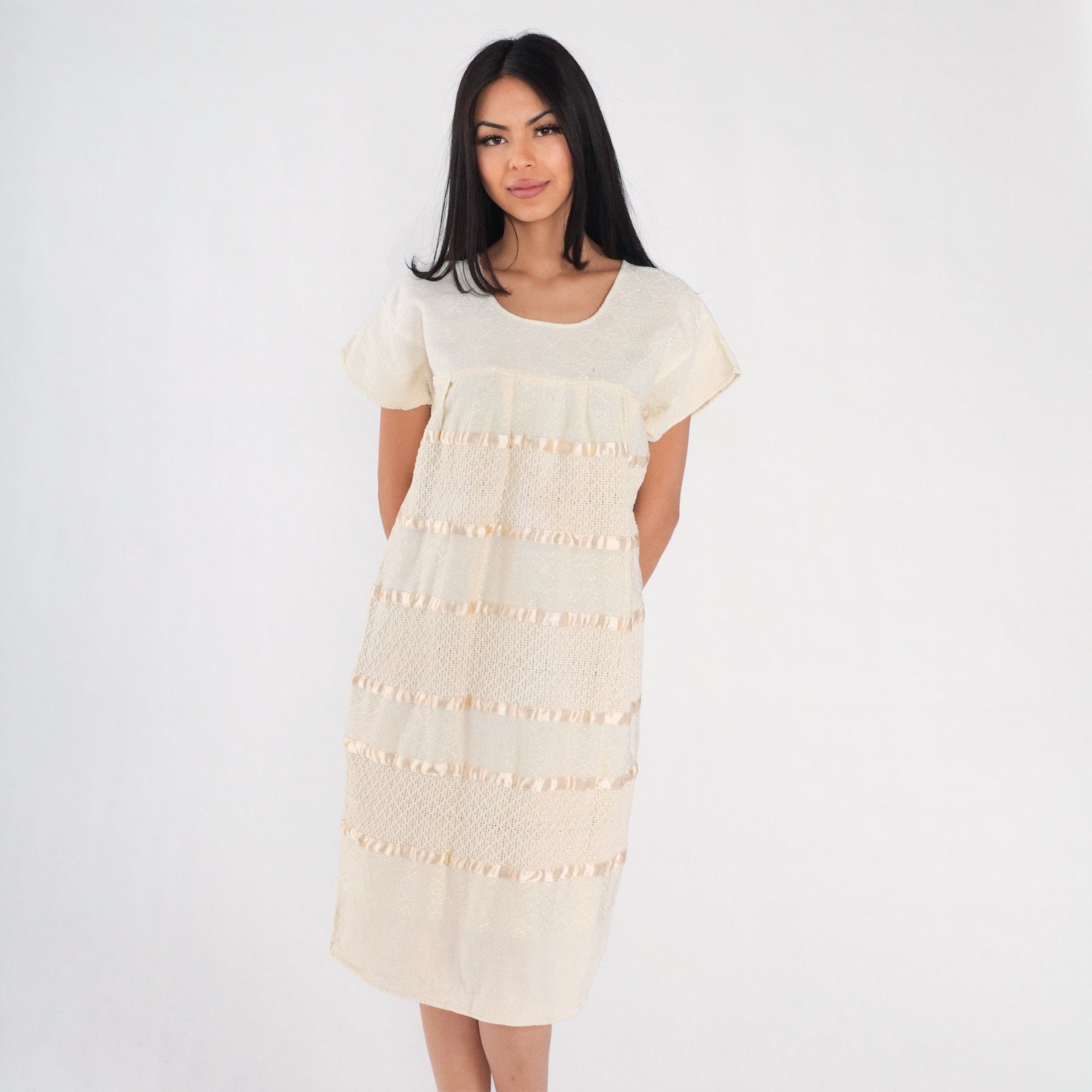 90s Cream Cotton Woven Midi Dress Cap Sleeve Tiered Medium Large