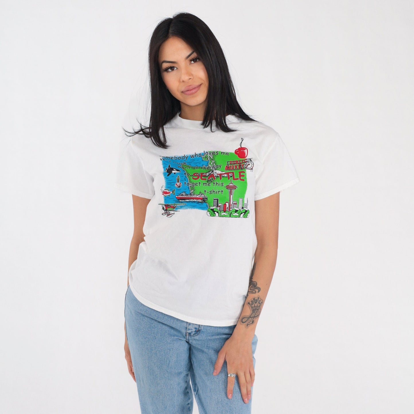 00s Seattle Graphic T-Shirt "Somebody Loves Me" White Cotton Tee Small