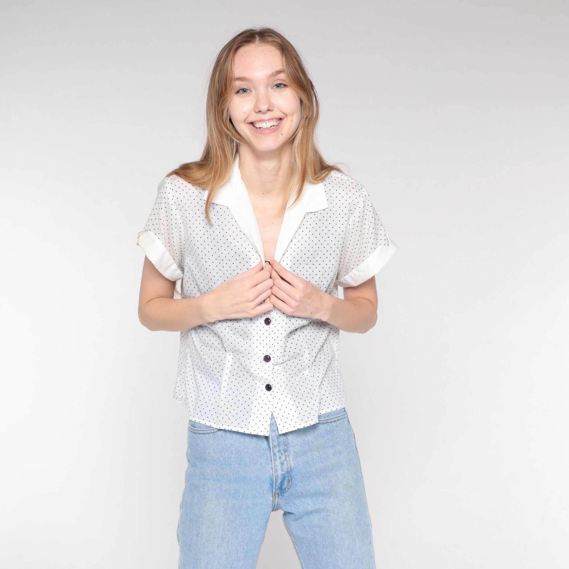 70s Polka Dot Button-Up Blouse White Black Collared Short Sleeve Large
