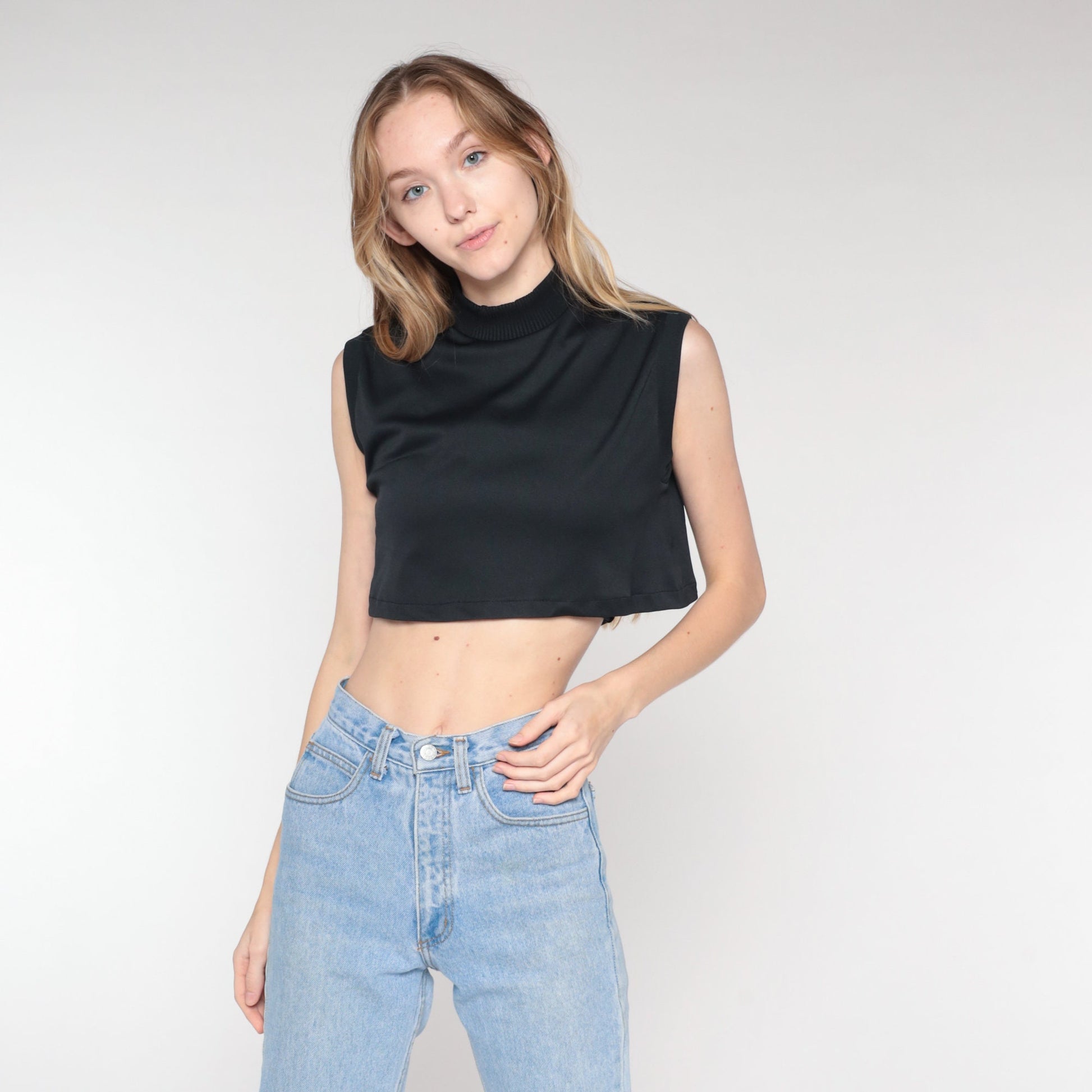 70s Black Mock Neck Crop Tank Top Sleeveless Small S