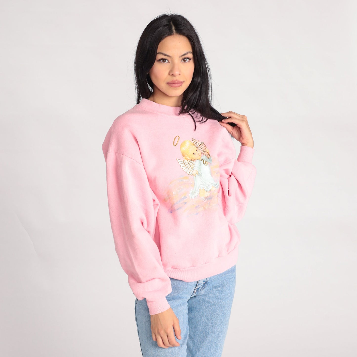 90s Jerzees Baby Angel Beach Sweatshirt Pink Graphic Crewneck Large