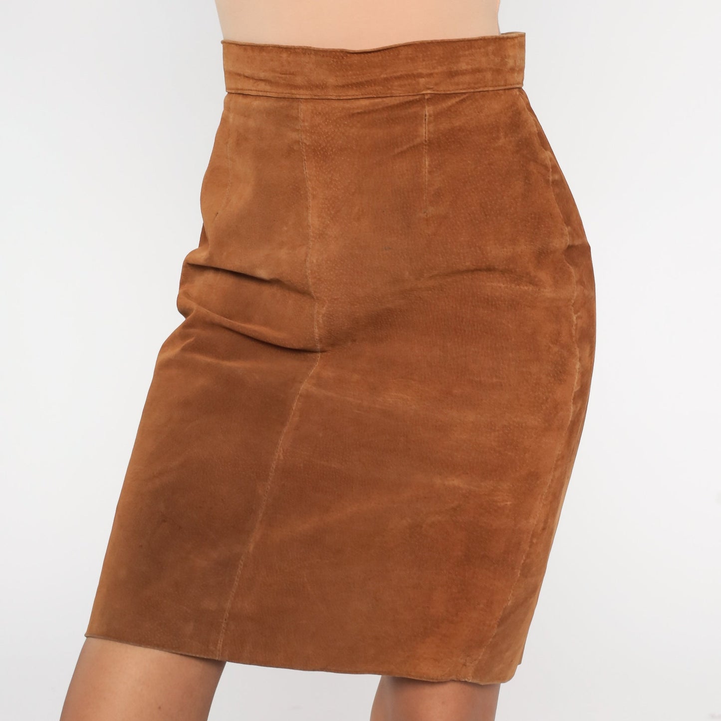 90s Brown Suede Mini Skirt High Waist Pencil Cut Rear Zipper Small