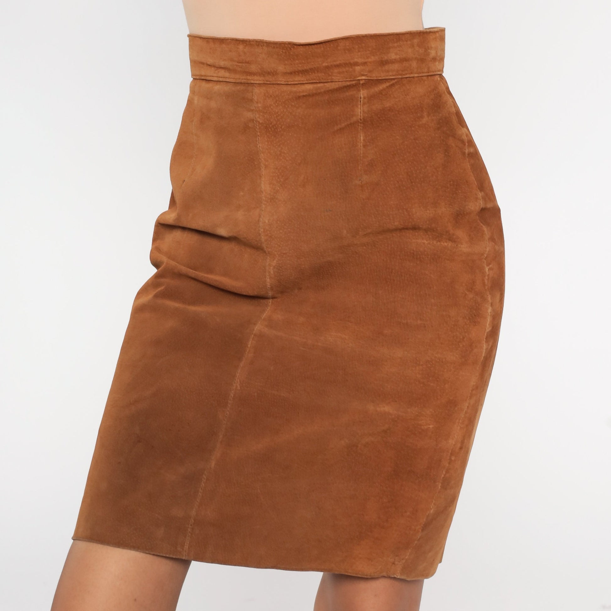 90s Brown Suede Mini Skirt High Waist Pencil Cut Rear Zipper Small