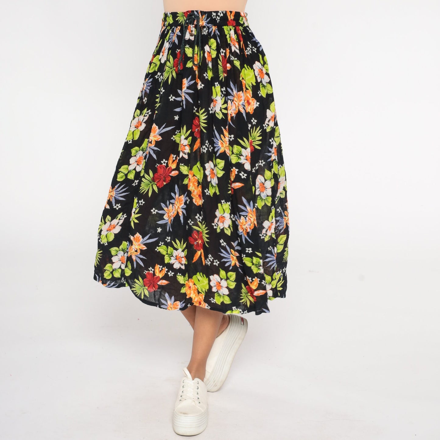 00s Floral Broomstick Midi Skirt Black Tropical Gauze Drawstring One Size