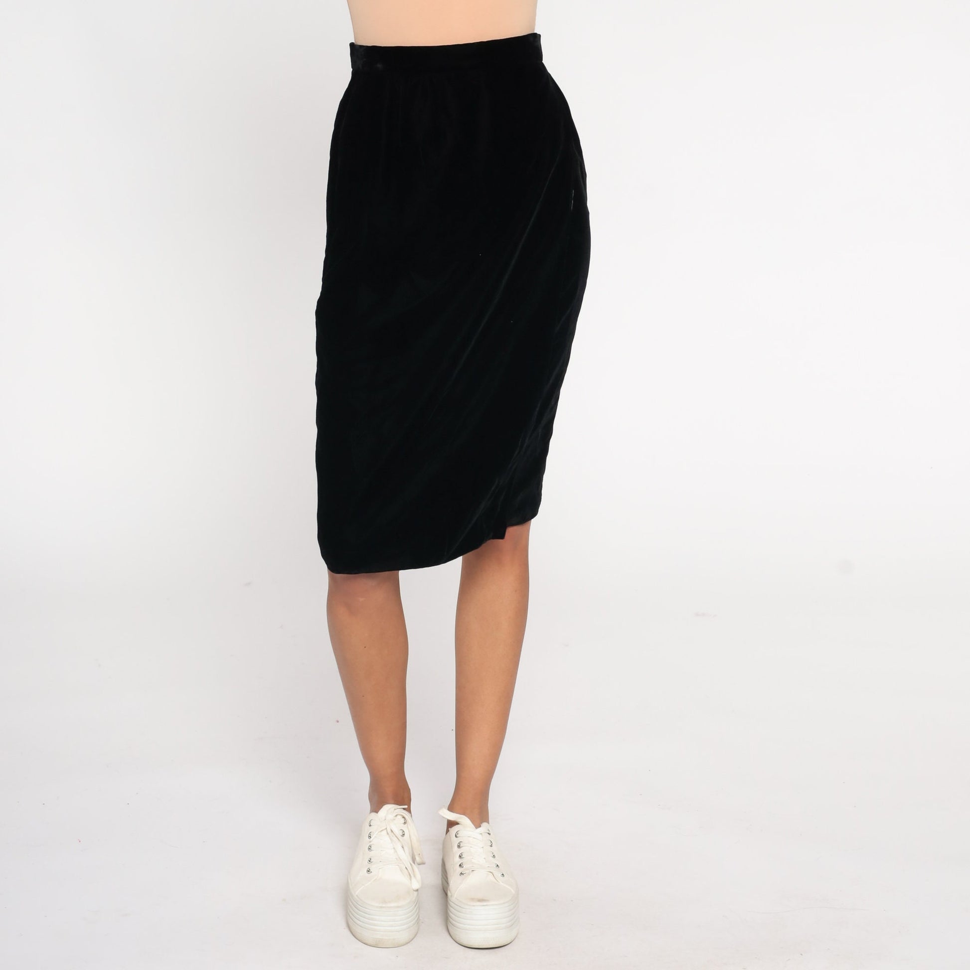 90s Black Velvet Midi Pencil Skirt High Waist Small