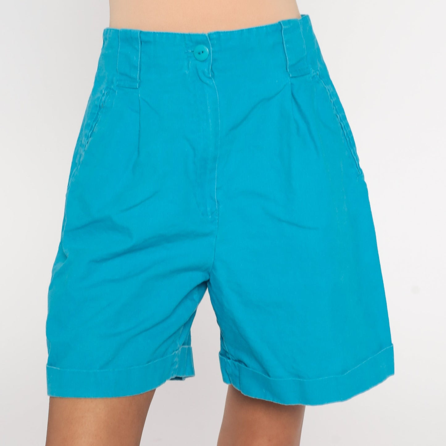 90s Blue Pleated High-Waist Shorts Cuffed Ramie Cotton Small