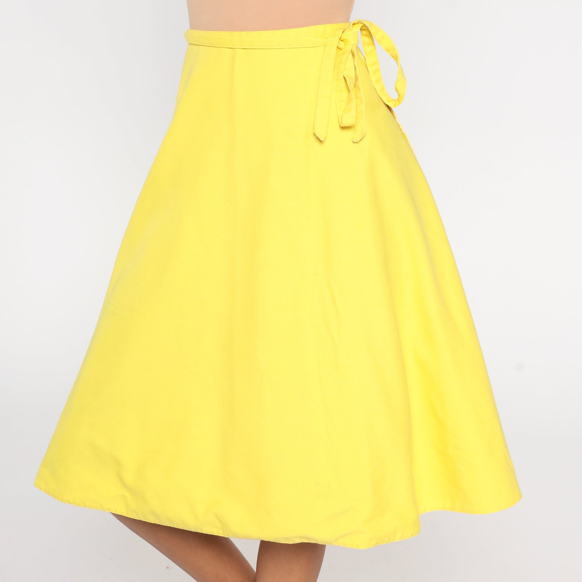 80s Yellow Wrap Skirt High Waisted Midi Cotton Blend Medium 8