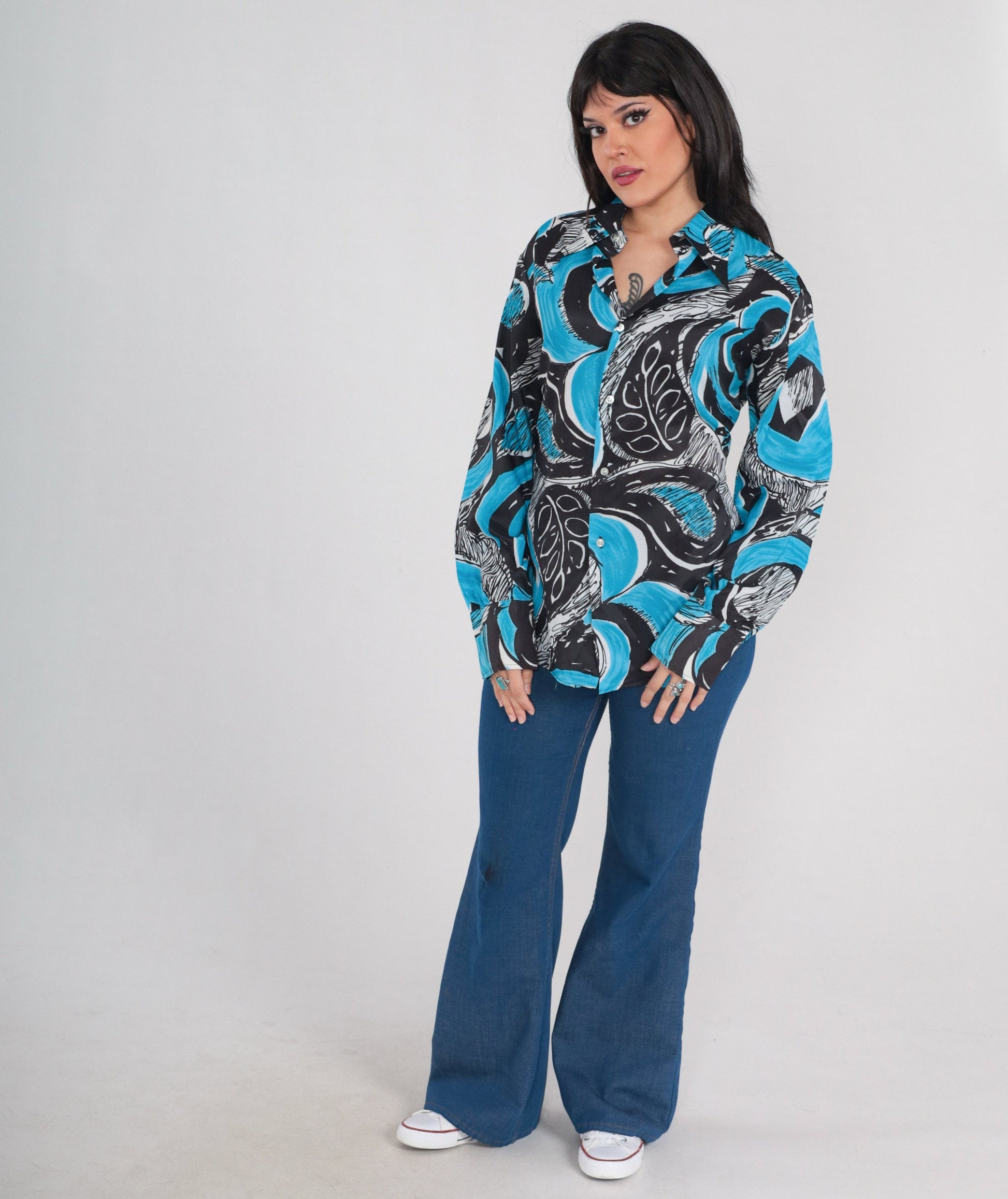 70s Abstract Leaf Print Button-Up Shirt Blue Black Dagger Collar Long Sleeve Large