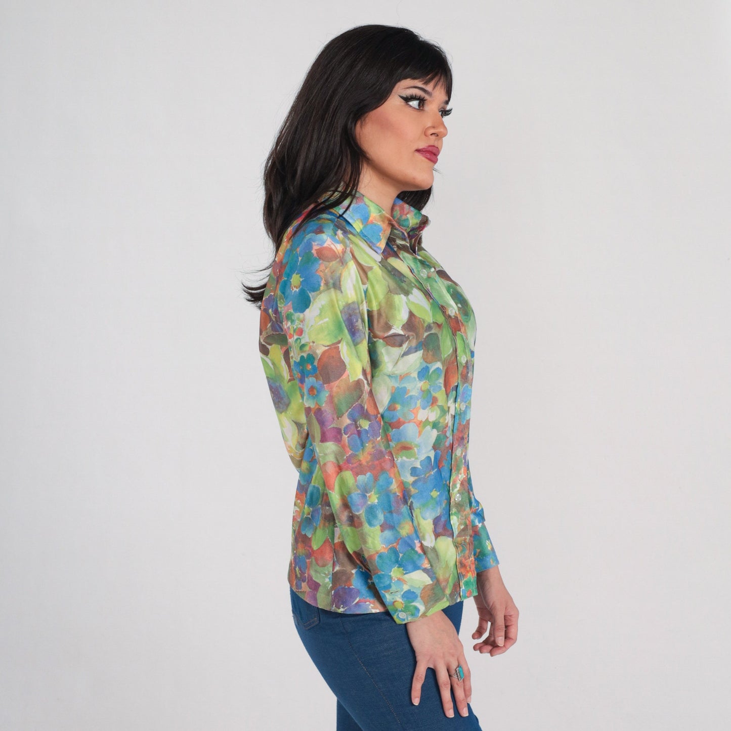 70s Floral Button-Up Blouse Long Sleeve Collared Shirt Green Blue Orange Medium