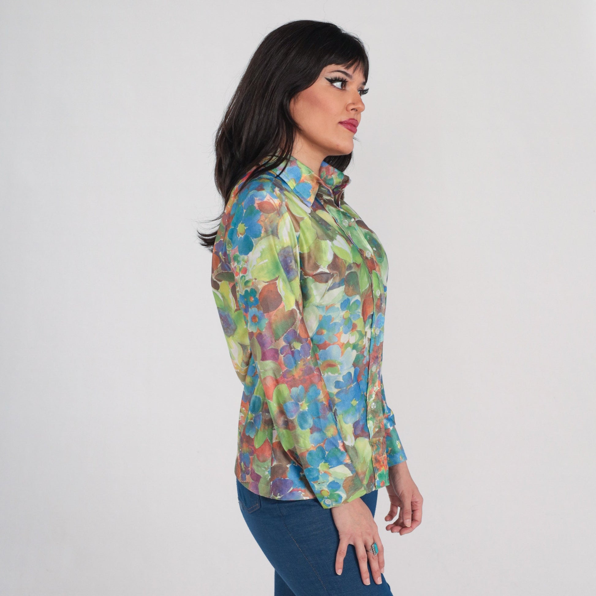 70s Floral Button-Up Blouse Long Sleeve Collared Shirt Green Blue Orange Medium